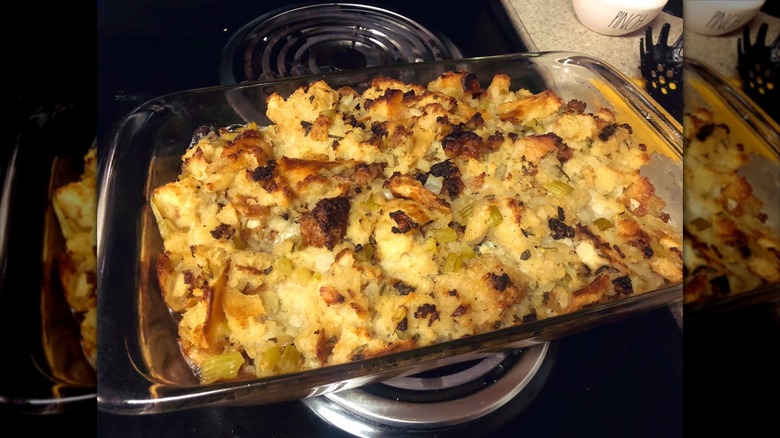 Sourdough stuffing in glass baking dish