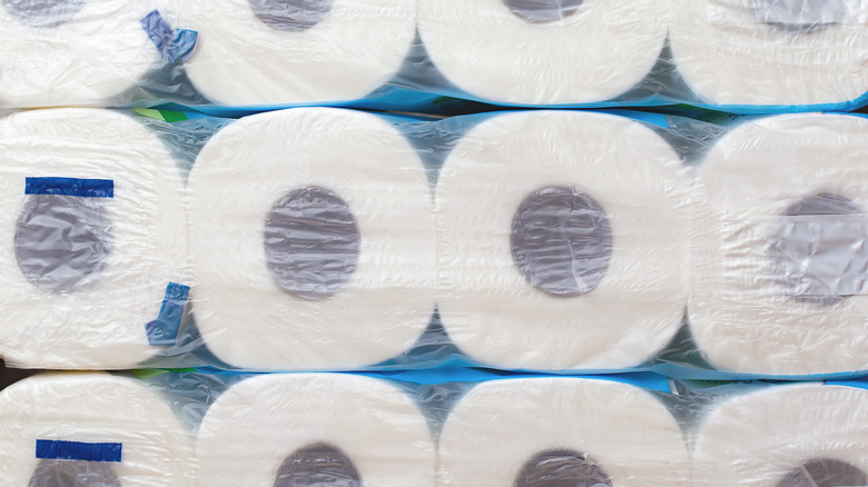 A package of bulk toilet paper