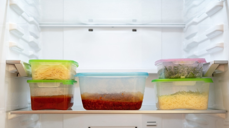 Leftover food in containers in the fridge