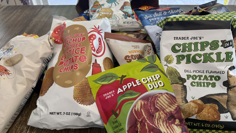 Different Trader Joe's Chips on Wooden Table