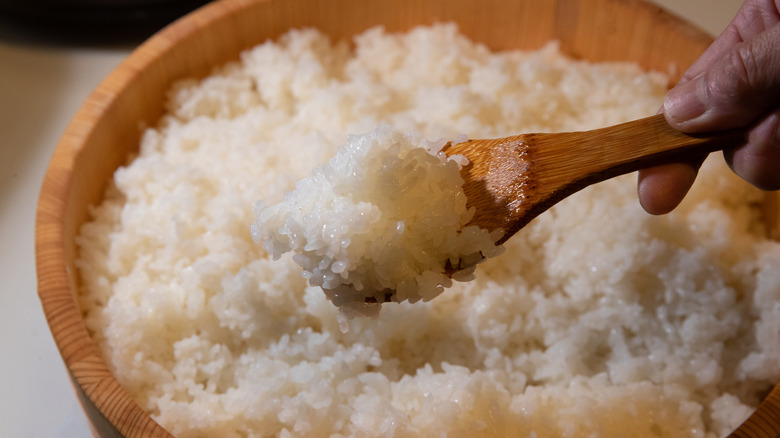 Prepared sushi rice  in a traditional wooden hangiri