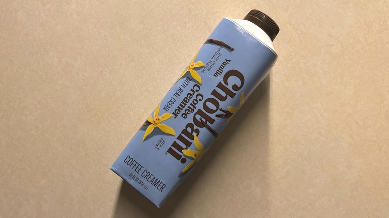 Chobani Vanilla Coffee Creamer bottle on counter