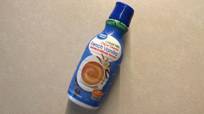 Great Value Sugar-Free French Vanilla Coffee Creamer bottle on counter