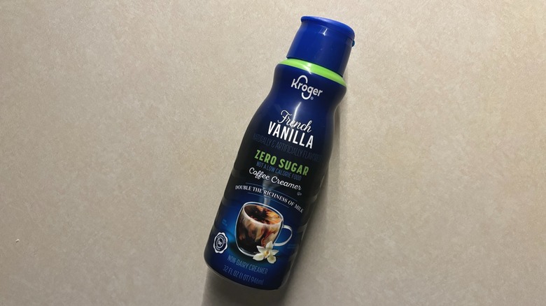 Kroger Zero Sugar French Vanilla Coffee Creamer bottle on counter