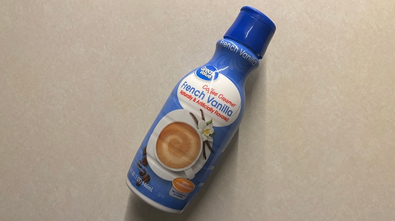 Great Value French Vanilla Coffee Creamer bottle on counter