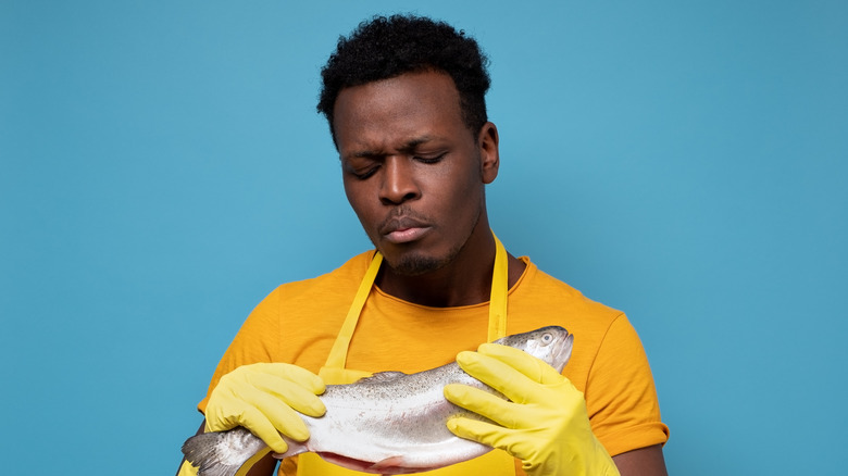 Man in apron questions the quality of fresh fish in hands