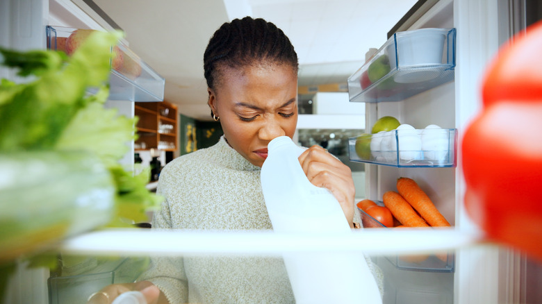 woman pulls a carton of milk out of fridge to check for spoilage