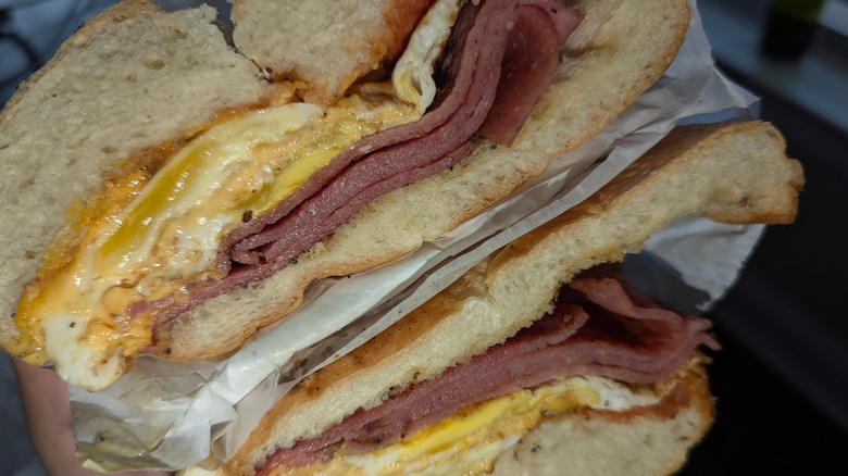 Close up of pork roll breakfast sandwich with egg and cheese from Wawa convenience store