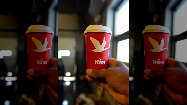 Someone holding a cup of Wawa coffee in togo cup