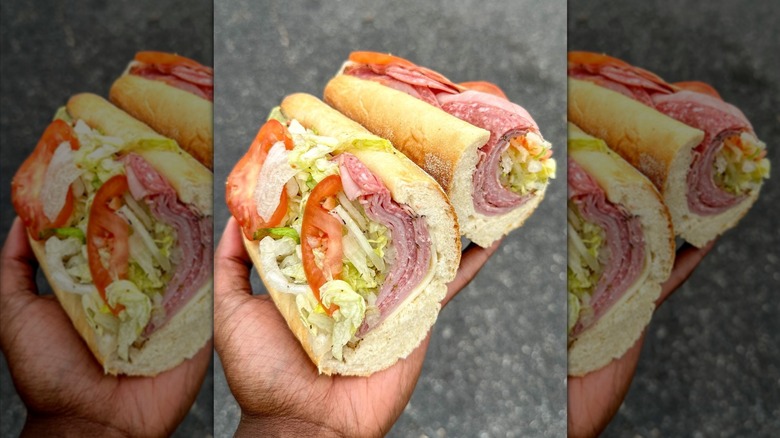 Close up of someone holding a hoagie from Wawa convenience store with salami, cheese, shredded lettuce,and tomato slices