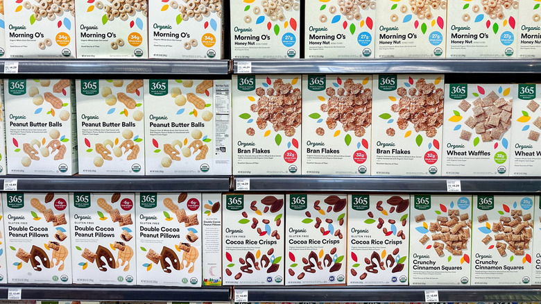 Shelf stocked with 365 brand cereals