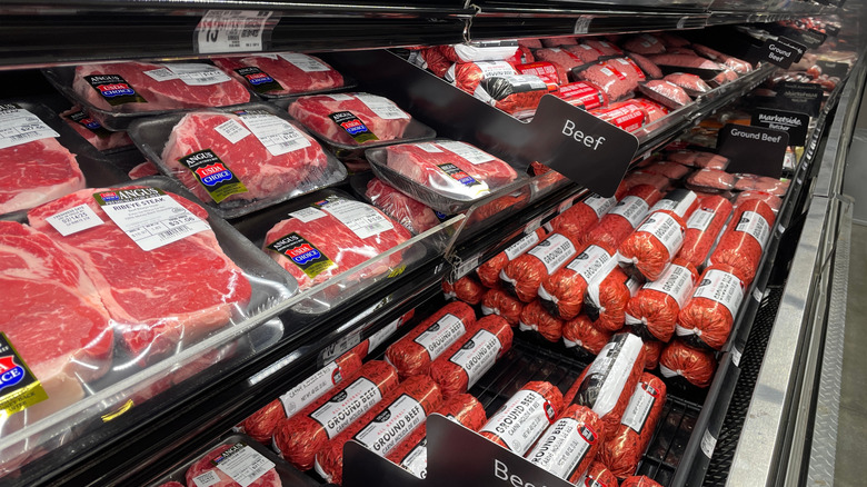 Packets of beef in a grocery store