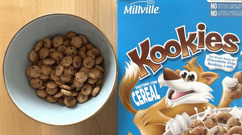 Bowl of cookie cereal next to box of Kookies