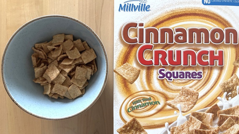 bowl of cereal next to box of Cinnamon Crunch Squares