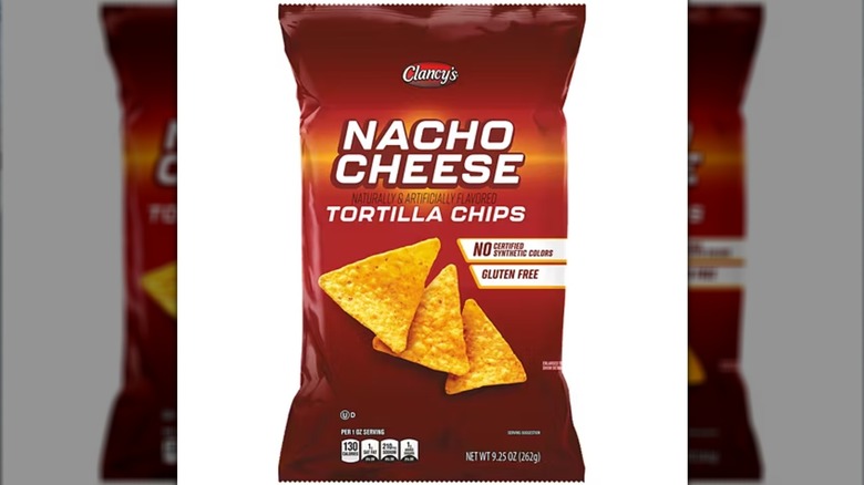 A bag of Clancy's nacho cheese tortilla chips isolated on a white background