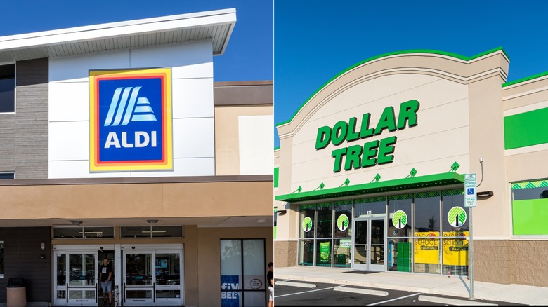 The exterior of an Aldi store and the exterior of a Dollar Tree store, side by side