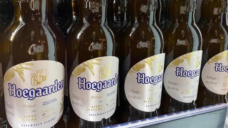 Bottles of Hoegarden witbier placed in a line
