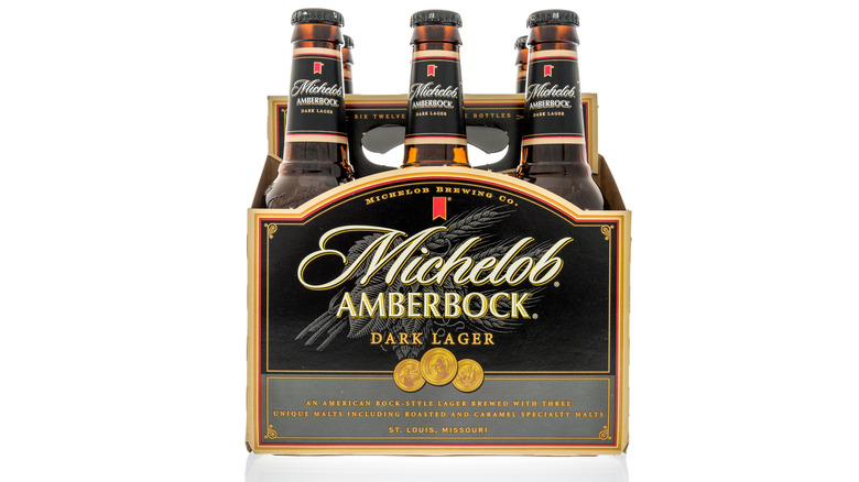 A six-pack of Michelob AmberBock on a white background