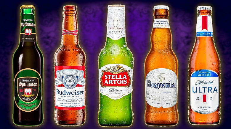 Beer bottles: Spaten Optimator, Budweiser, Stella Artois, Hoegaarden, Michelob Ultra
