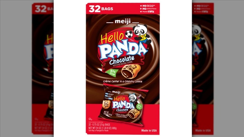 32-pouch package of Meiji Hello Panda Chocolate Creme-Filled Cookies on a white background.