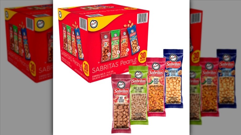 Sabritas Peanut Mix box plus individual packets of each flavor on a white background.
