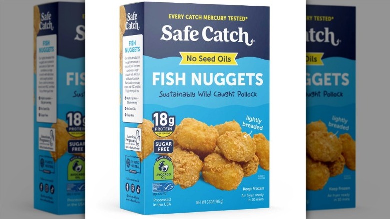 A package of Safe Catch Breaded Fish Nuggets on a white background.