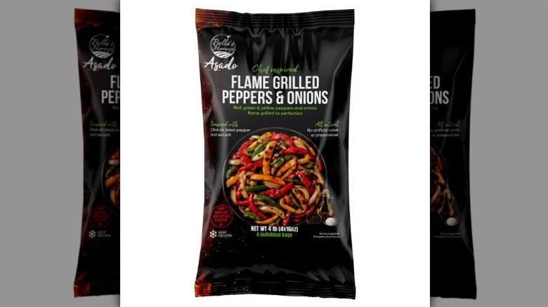 A package of Bella's Harvest Flame Grilled Peppers & Onions on a white background.