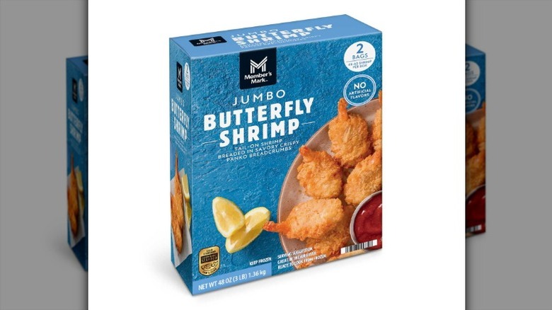 A package of Member's Mark Breaded Jumbo Butterfly Shrimp on a white background.