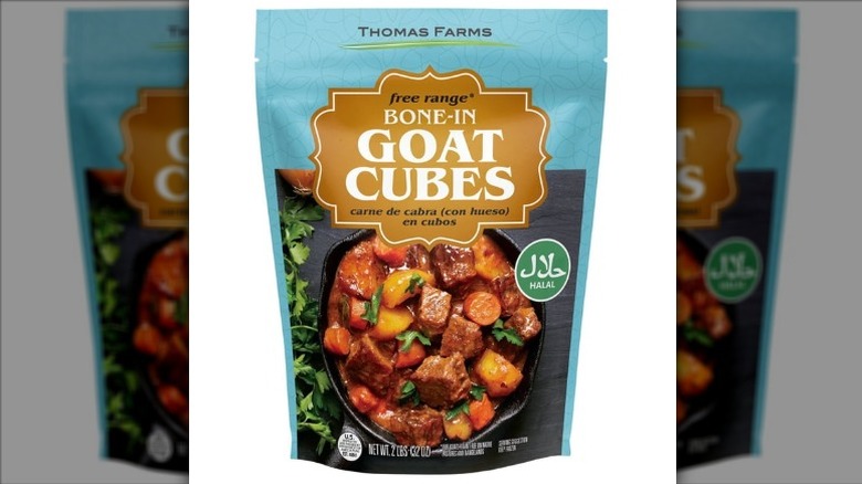 A package of Thomas Farms Bone-in Goat Cubes on a white background.