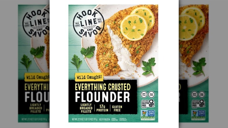 A package of Hook Line and Savor Everything Crusted Flounder on a white background.