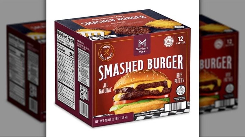 A box of Member's Mark Frozen Smashed Burgers on a white background.