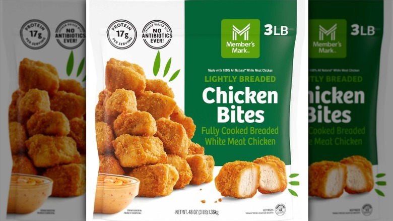 A package of Member's Mark Fully Cooked Lightly Breaded Chicken Breast Bites on a white background.