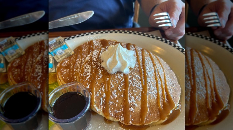 Black Bear Diner's seasonal pancakes with caramel sauce, whipped cream, and syrup on side