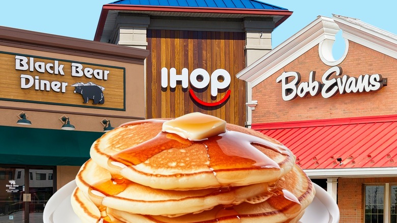 Composite image of a stack of pancakes on white plate with butter and syrup in front of Ihop, Bob Evans, and Black Bear diner restaurant entrances