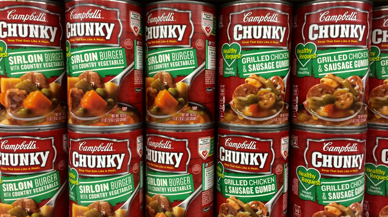 Rows of Campbell's Healthy Request Chunky soups including sirloin burger and grilled chicken and sausage gumbo