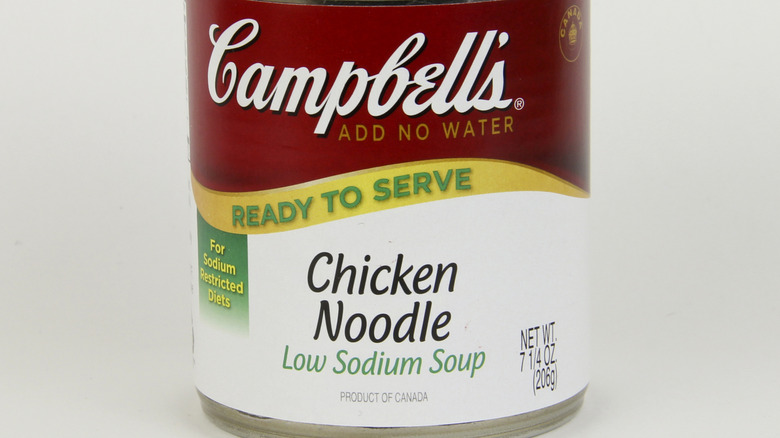 Close up of Campbell's low sodium chicken noodle soup