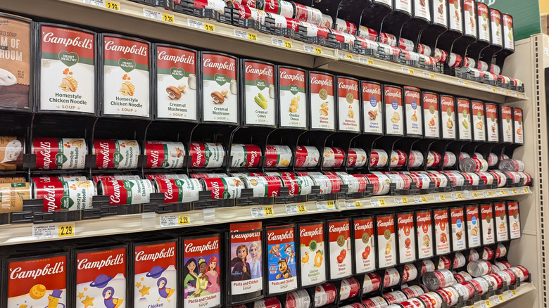 Variety of Campbell's soups on grocery store shelves