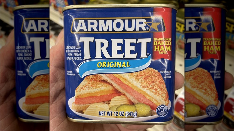 Hand holding a can of Armour Treet