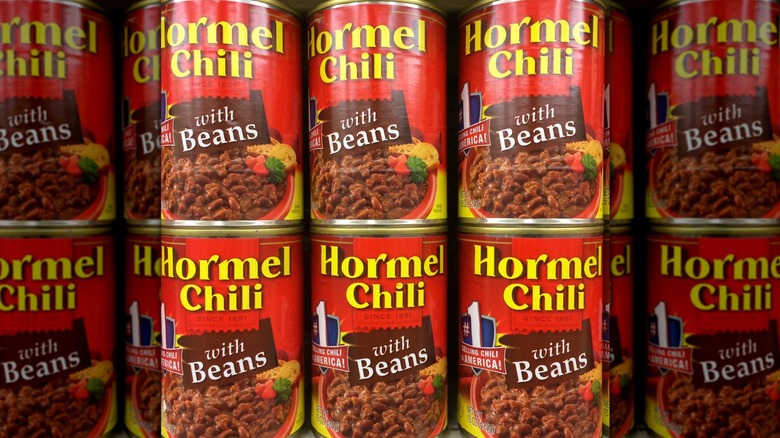 Hormel Chili cans on shelf