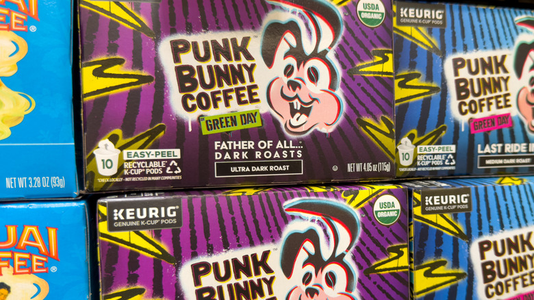 Variety boxes of Green Day's Punk Bunny Coffee lined up on a store shelf