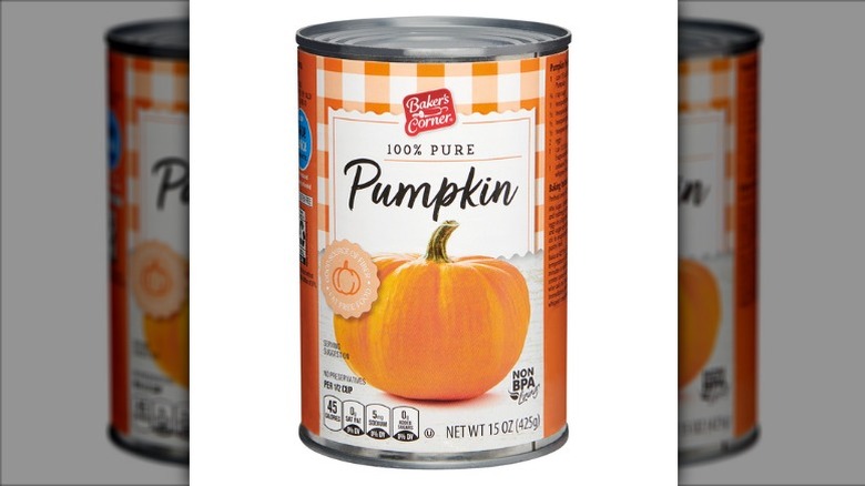 Can of Baker's Corner Pumpkin from Aldi on white background