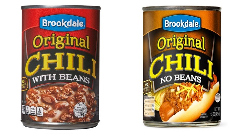 Two cans of Brookdale Original Chili with Beans and Brookdale Original Chili No Beans on a white background