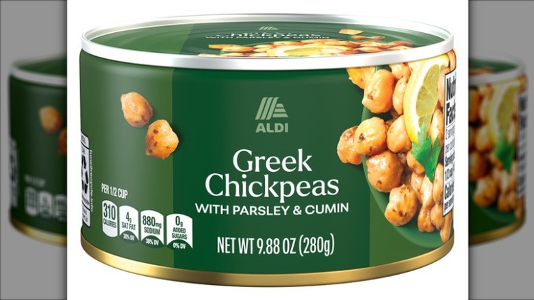 Can of Aldi Greek Chickpeas on a white background