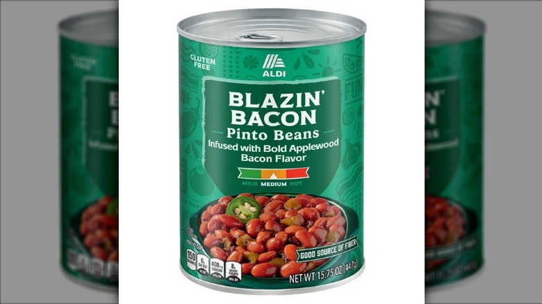 Can of Dakota's Pride Blazin' Bacon Pinto Beans from Aldi on a white background