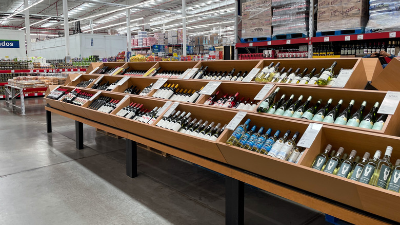 Rows of wine bottles on display at Costco