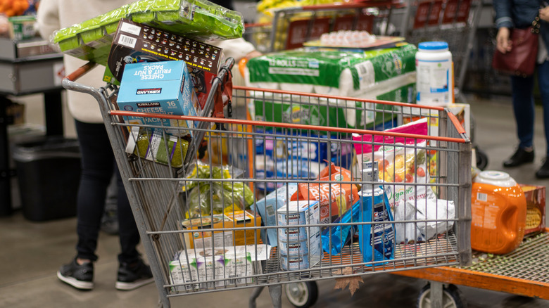 Shopping cart filled with groceries at Costco