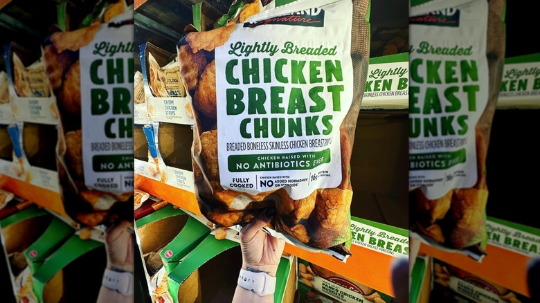 A bag of Kirkland's lightly breaded frozen chicken