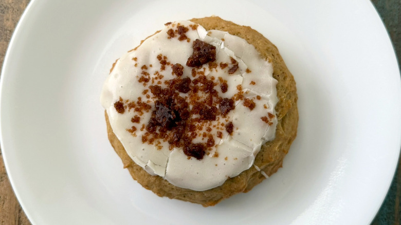 Crumbl's Banana Bread Cookie on a white plate