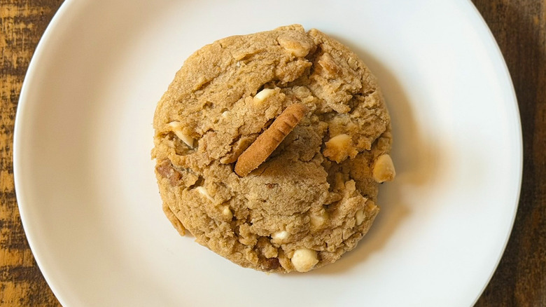 Biscoff White Chip Cookie from Crumbl on a white plate
