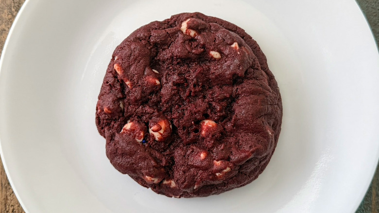 Crumbl's Red Velvet Cookie on a white plate